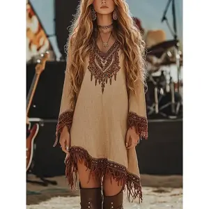 Vintage Ethnic Lace Dress with V-Neck, Long Sleeves, Frilled Hem, and Loose Printed Casual Fabric