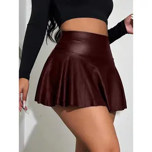 Burgundy Leather Pleated Shorts Skirt for Women - Solid Color, Simple Daily Style