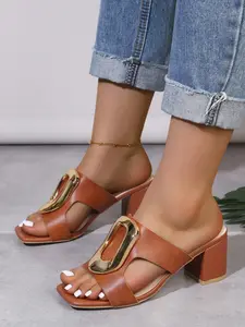 Women's Metal Buckle Square Toe Heeled Slippers, Open-Toe Outdoor Mules, Casual High-Heel Sandals, Comfortable Slip-On Shoes