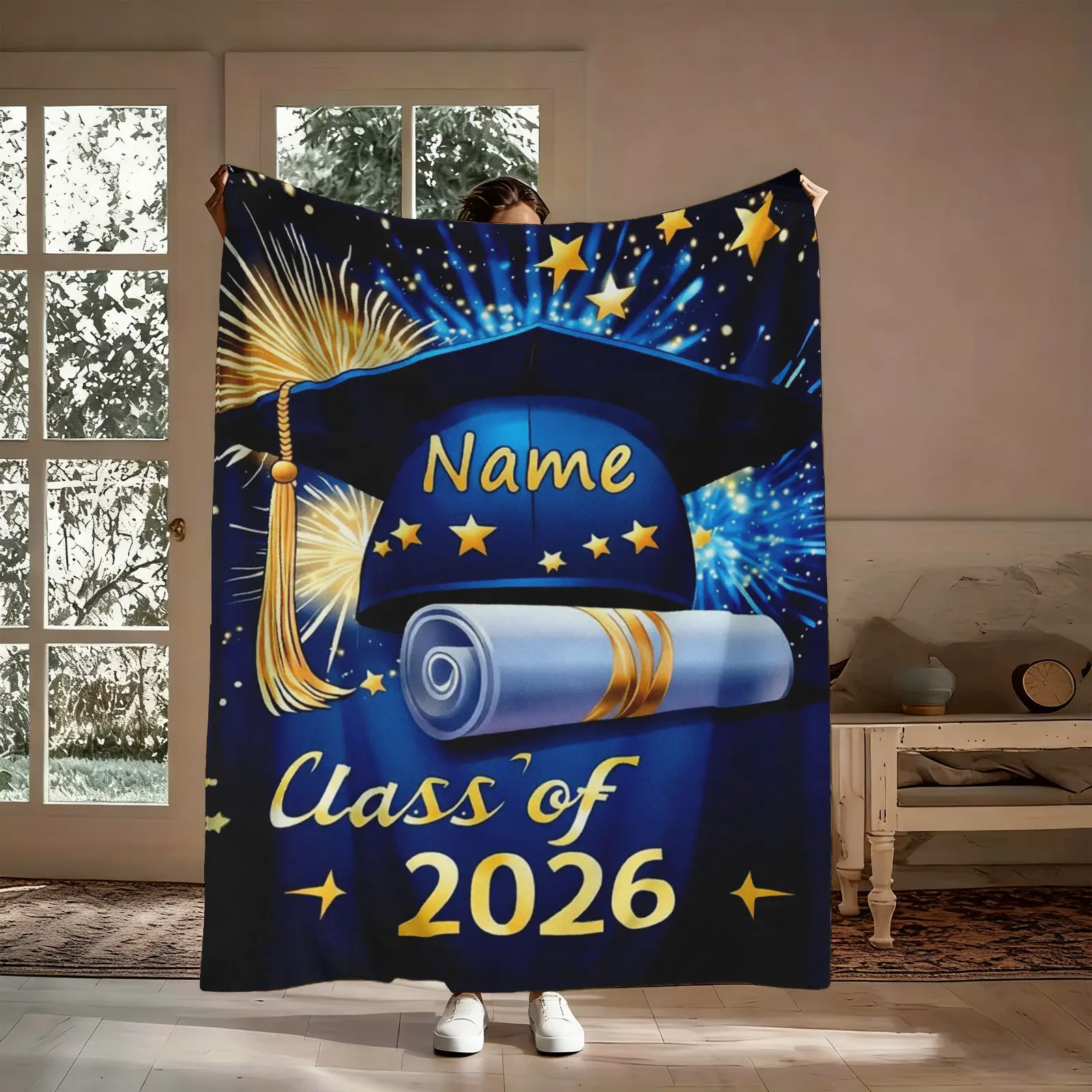 Class of 2026 Graduation Flannel Blanket - Name Print Custom Personalized Blankets, Grad Cap Diploma Throw, Soft Cozy for Bed Couch, 2026 Grad Gift (Leave Custom Name in Order Notes), Custom Blankets