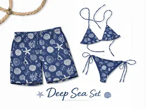 Deep Sea Shell Print Bikini & Men's Swim Shorts Set, Coral and Starfish Marine Beachwear, Summer Vacation Outfit for Women & Men