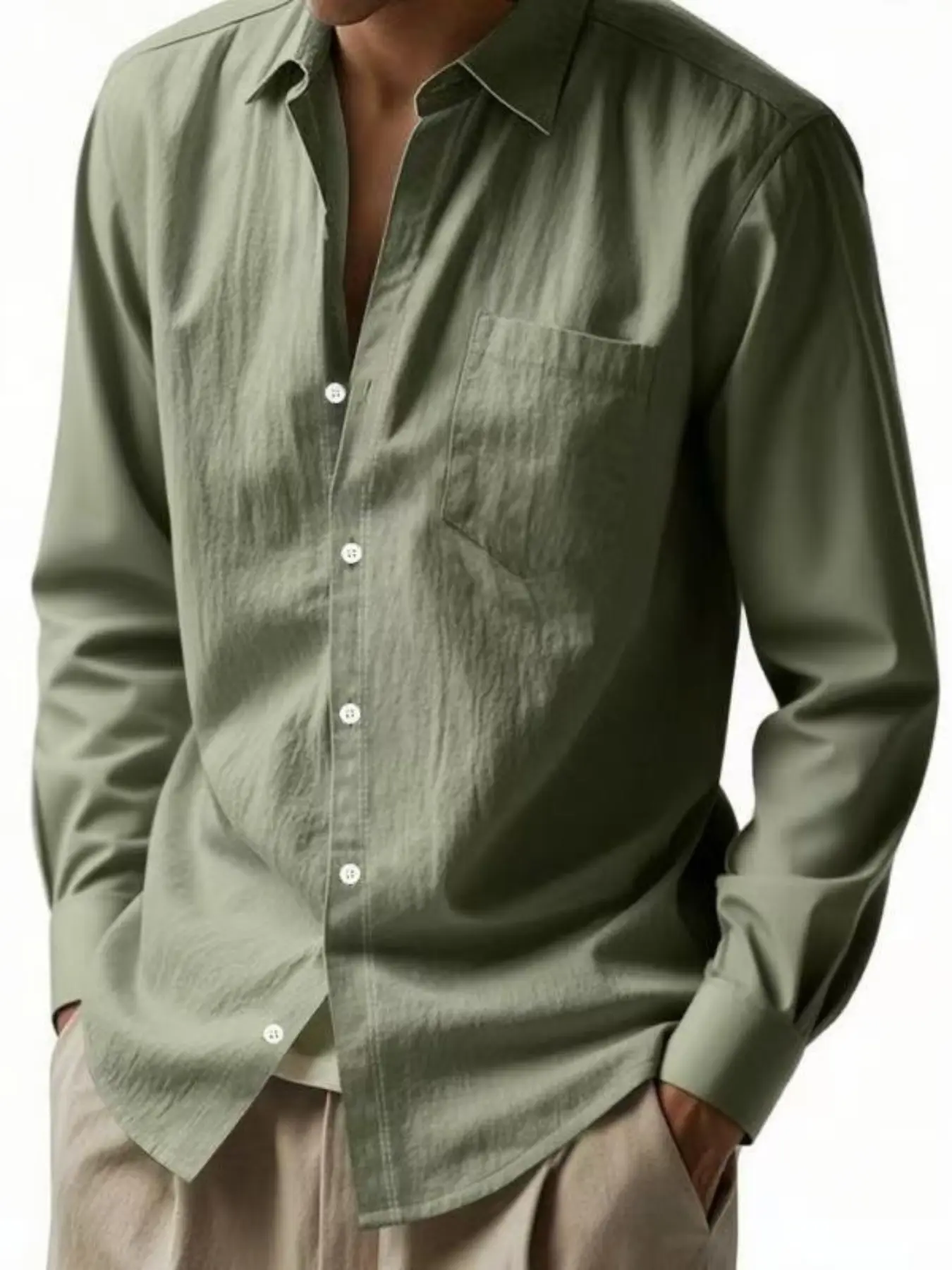 Men's Plain Linen Blend Fabric Button - Down Shirt - Long Sleeve, Chest Pocket, Classic Collar. Perfect for Transitioning from Casual Daily Outings to Semi - Formal Business Meetings. Elevate Your Wardrobe with Timeless Style & Versatile Wear Top