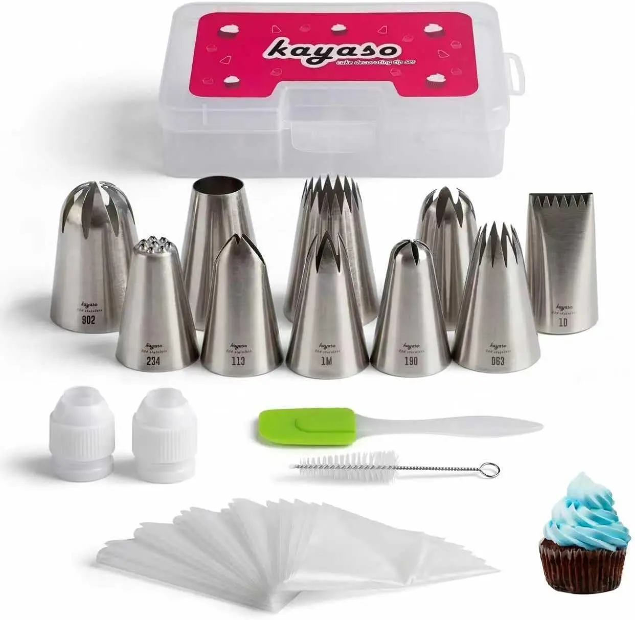 Kayaso Cake Decorating Icing Piping Tip Set, 10 X-large Decorating Tips Stainless Steel Plus 20 Disposable Pastry Bags