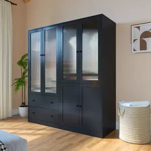 【2 Packages Delivery】VOWNER 71'' Black Wardrobe Closet with Fluted Glass Door, 2 Drawer & Shelf, Wood Armoire Storage Cabinet for Bedroom