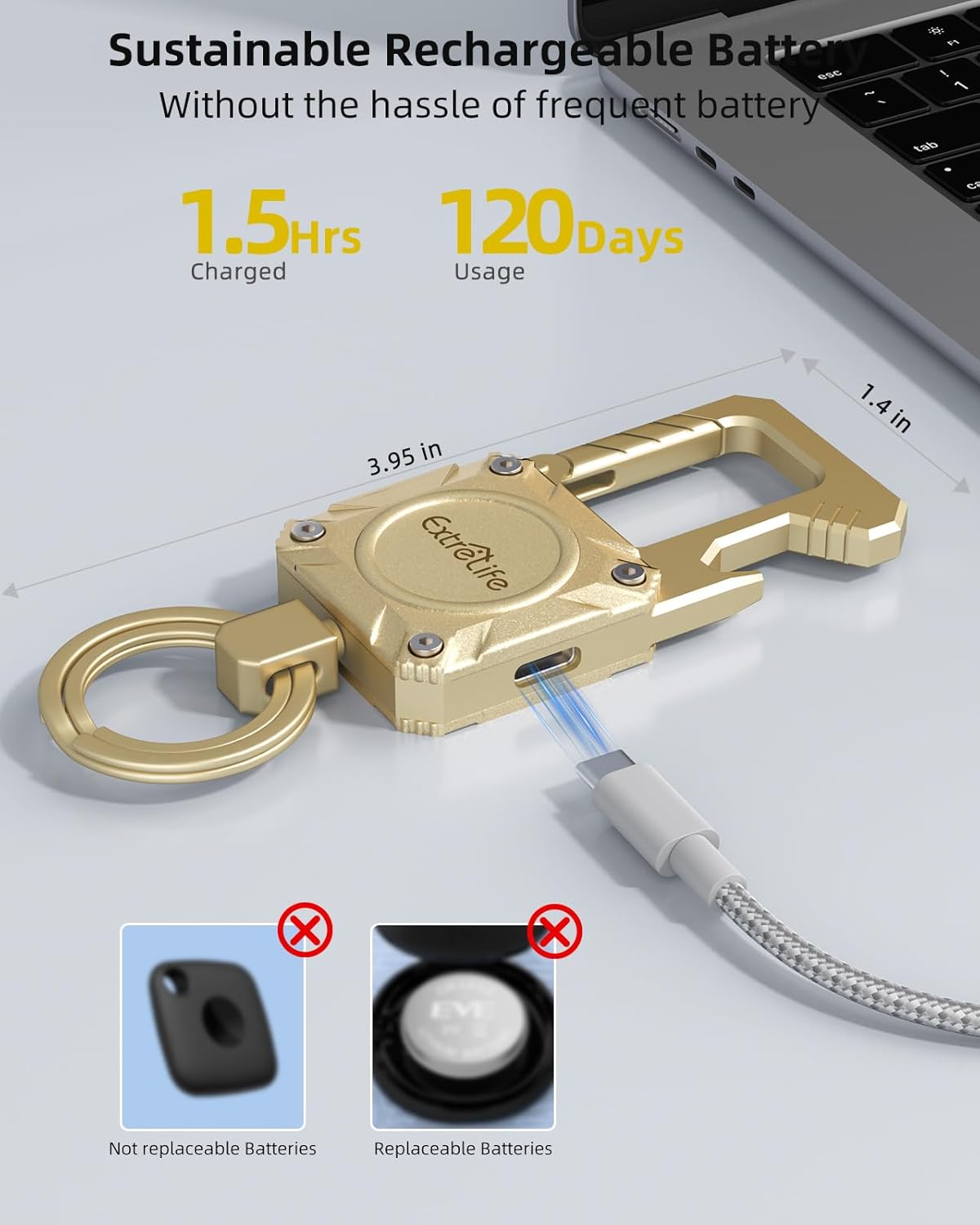 Keychain, Works with Apple Find My, Heavy Duty Keychain Bottle Opener, Carabiner Car Key Chains with GPS Tracker, Key Finder, Bluetooth Tracker for Luggage, Kids, Bags and More, Rechargeable, Gold phone charm