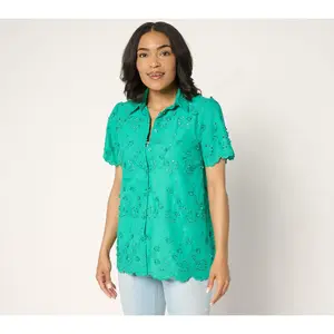 Susan Graver PURE Eyelet Applique Button Front Shirt