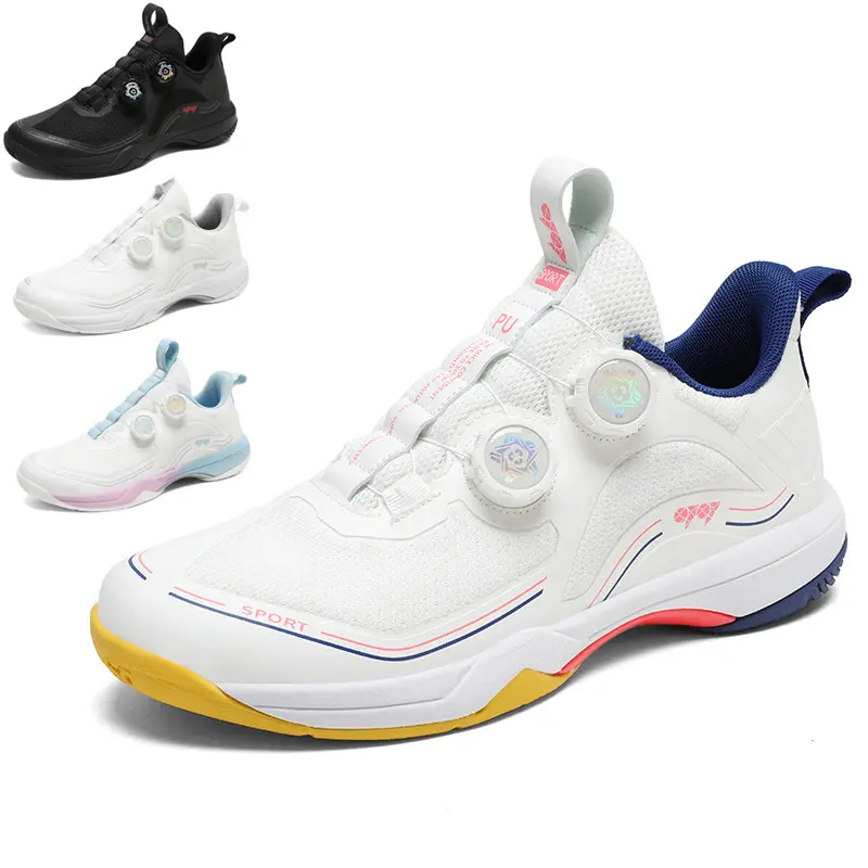 Unisex Dual Rotary Knob Badminton Shoes, Gradient Breathable Mesh Non-Marking Gum Rubber Indoor Court Sneakers for Men Women, Anti-Torsion Shock Absorbing Training Footwear for Tennis Volleyball