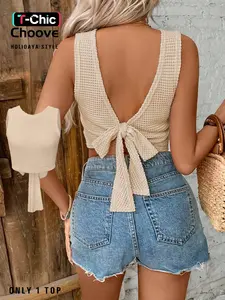 Summer Women's Holidaya Cropped Tank Top, Lightweight Hollow Out Knit Fabric Design, Front Double Layer Non-Transparent, Adjustable Back Tie Design, Casual Fitted Top