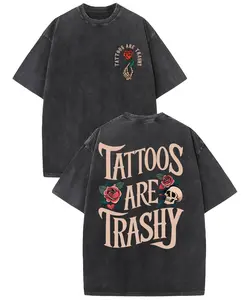 Vintage Washed "Tattoos Are Trashy" Skull & Rose Tee | 100% Cotton Oversized Streetwear Round Neck Tops Short Sleeve