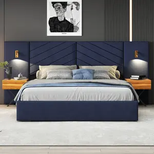 King Size Bed Frame with Built-in LED Lights and Nightstands, Modern Luxury Royal Blue Velvet Upholstered Platform Bed with Oversized Tuffted Wingback Headboard, No Box Spring Needed