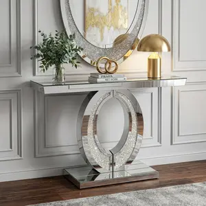 39'’ Modern Mirrored Console Table with Crushed Diamond, Shatter-Proof Packaging, O-Shaped Pedestal Entryway Table, Luxury Glam Sofa Table for Living Room, Foyer, Hallway, Silver