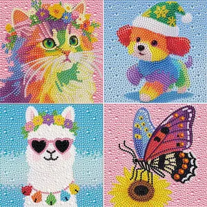 Kids 5D Diamond Painting Kits 4-Pack (Flower, Butterfly, Elephant Designs) - 5.9x5.9in Gem Art by Number Crafts for 6-12 Years, DIY Wall Decor Sets, Ideal for Home Art Projects & Birthday Gifts to Boost Focus & Creativity