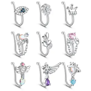 FIBO STEEL 9 PCS Fake Nose Rings for Women Nose Cuffs Evil Eye Leaf Moon Heart Wing Adjustable Non-Pierced Piercing Jewelry