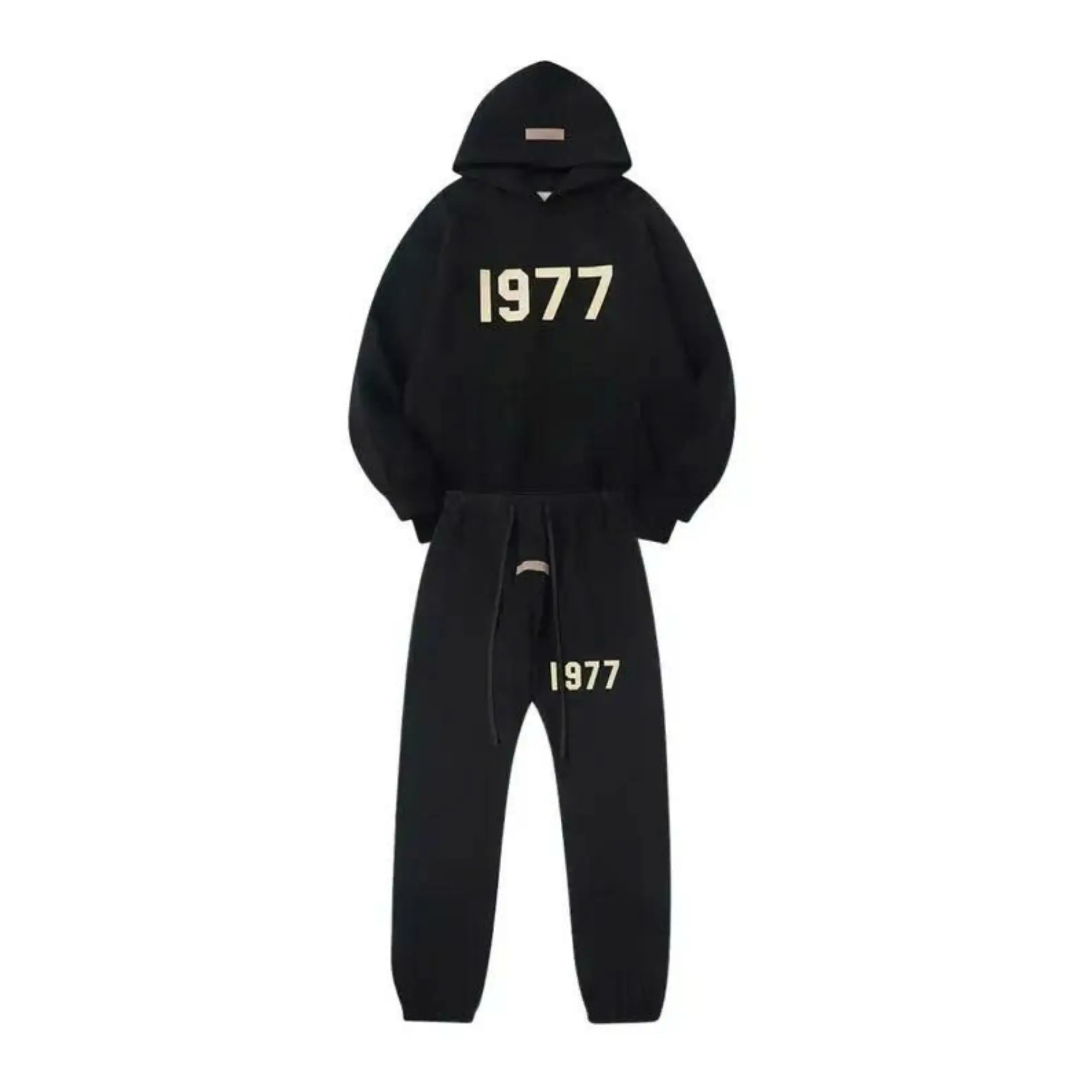 Casual 1977 Essential Hoodie & Pants Black Set – Unisex Streetwear Tracksuit, Pullover Sweatshirt + Joggers, Gift For Him Her