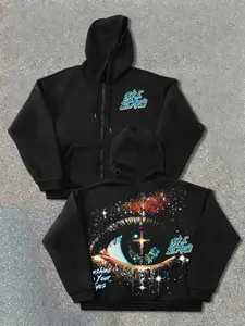 Autumn Winter Hooded Cardigan Sweatshirts Trendy Graphic Eye Letter Print Streetwear Street Style Fitted Knitwear, Thick Fabric, Perfect for Fall & Winter Seasons