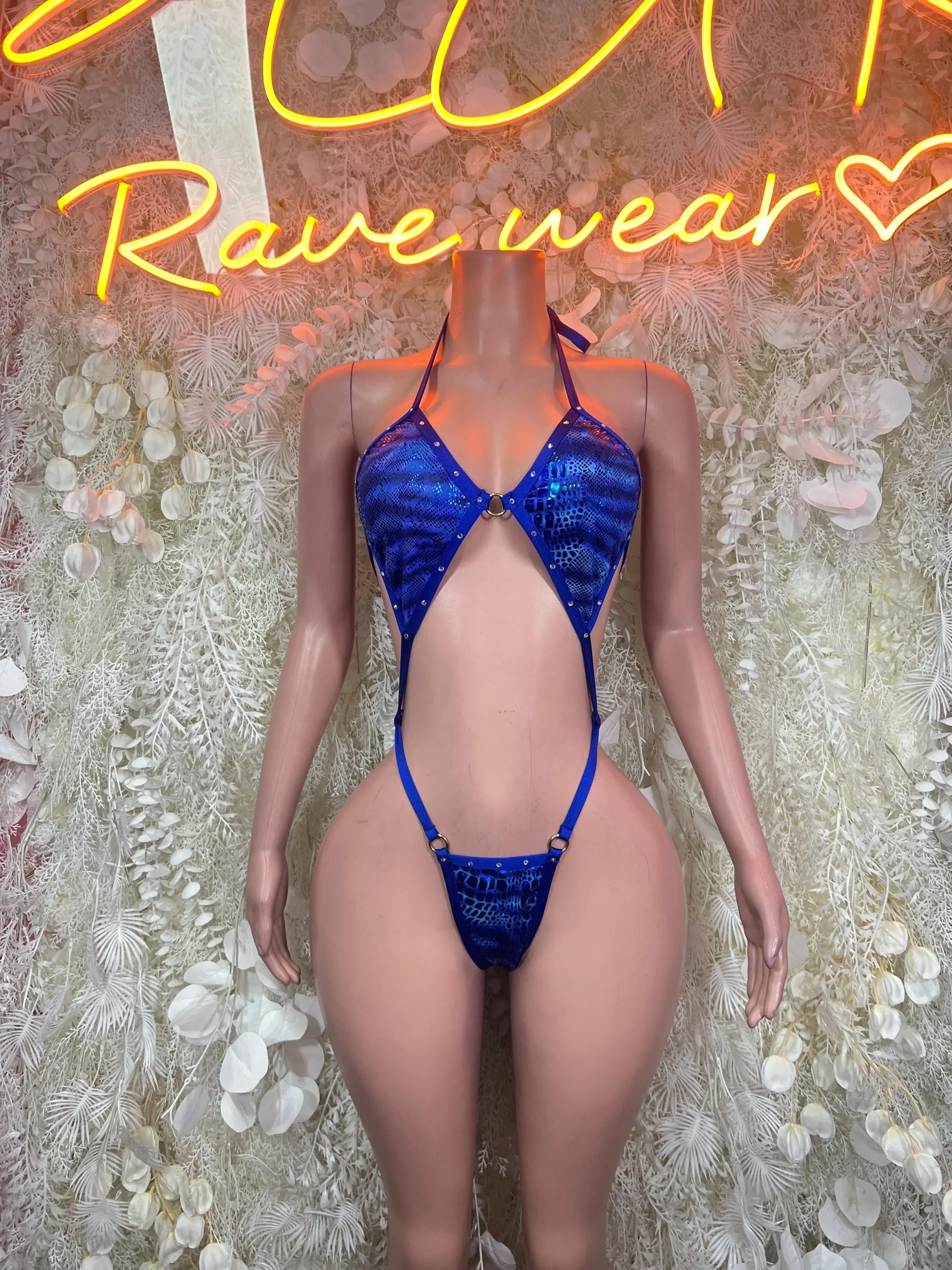 Women's Snake Pattern Blue Slingshot Bodysuit - Exotic Dancewear, Rave Festival Clothes for Performers