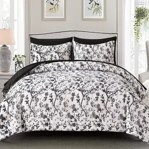 Comforter Set for  Bed -7 Pieces Bed in a Bag Soft Microfiber Bed Set Black Leaves Floral  on White Spring  Comforter Sets with Sheets for All Seasons (, Black)