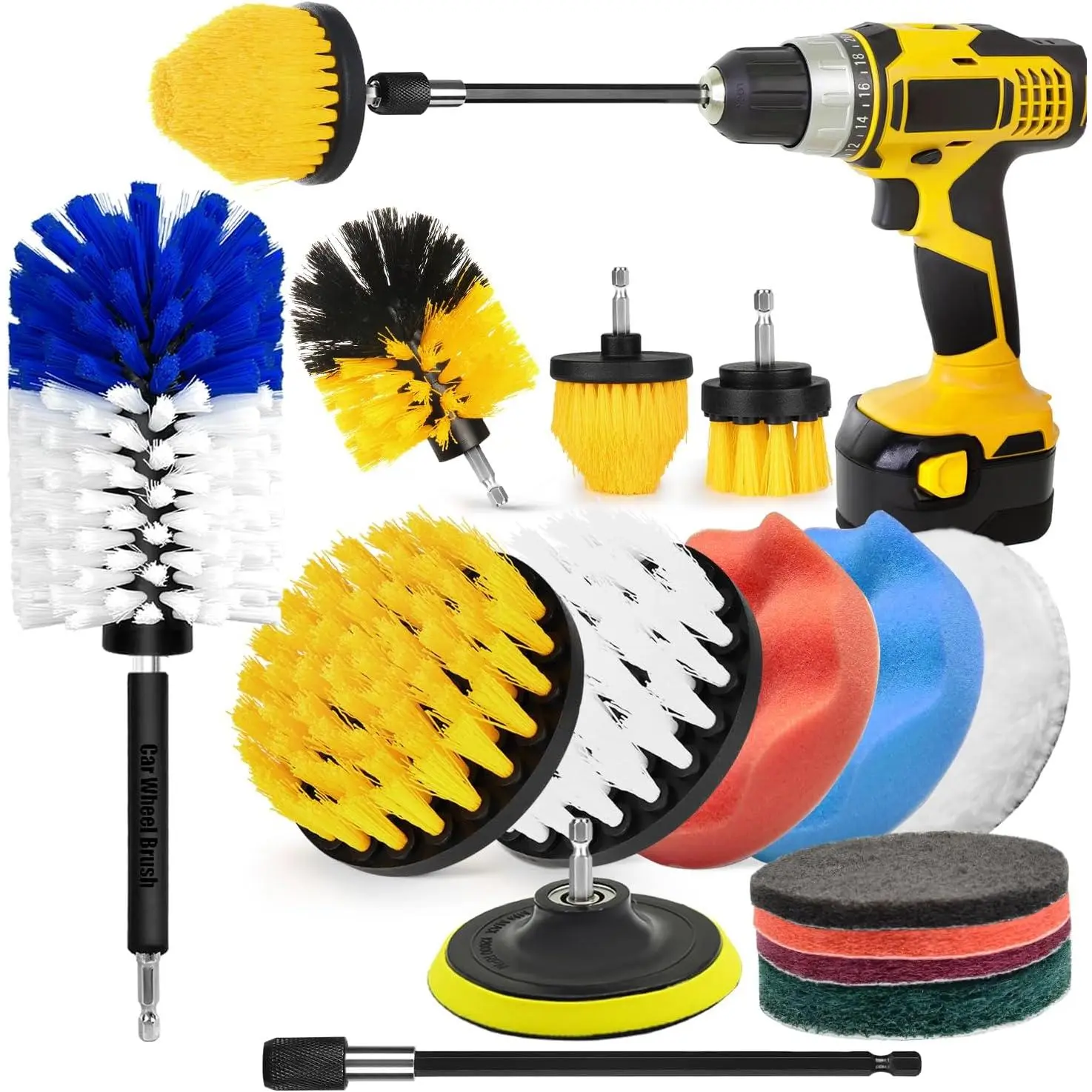 15 count Drill Brush Attachment Set, Drill Scrubber Brush Kit Include Soft Drill Wheel Brush, Scrub Pads, Sponge, Drill Cleaning Brush Attachment Set for , Bathroom, Tub, Tile, Floor, Grout, Boat