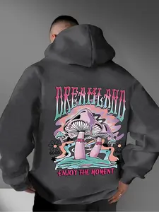 Men's Casual Solid Color Hoodie, Drawstring Pocket Long Sleeve Pullover, Fitted Streetwear with Mushroom Print, Fall & Winter Fashion