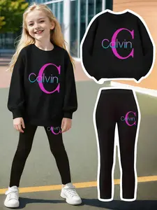 Girls' Calvin Print Casual Set, 2-Piece Fitted Top & Bottoms, Cartoon Pattern, Spring & Fall Wear, Perfect Christmas Gift