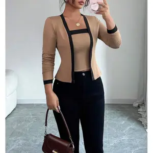 2-piece Set for Women Color-blocking Elegant Open-front Long-sleeved Blouse and Camisole Set Autumn Women's Clothing Can be used with raincoat