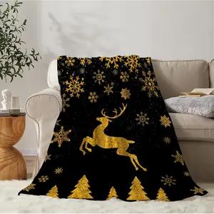 Christmas Decorative Throw Blanket Black Gold Reindeer Snowflake Blanket for Couch Sofa Bed Soft Cozy Lightweight Fuzzy Holiday Blanket hellcat bed