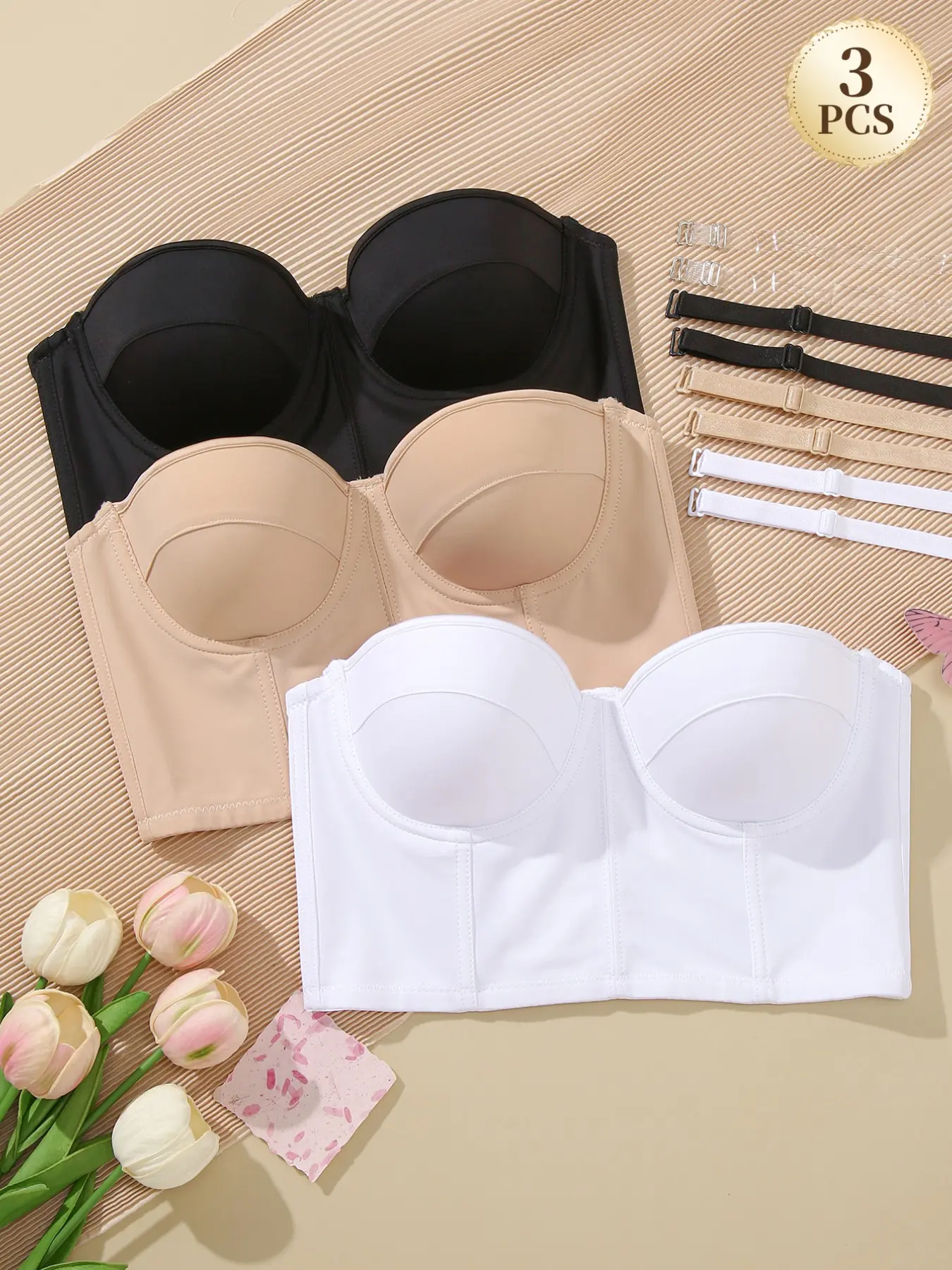 3PCS Women's Underwire Push-up Bandeau Balconette Bras, Lift Anti‑sagging breathable skin-friendly fabric, Wide Underband, detachable adjustable straps, Fit Everyday wear, Elegant