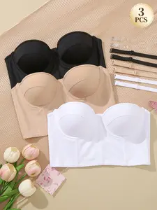 3PCS Women's Underwire Push-up Bandeau Bras, Lift Anti‑sagging breathable skin-friendly fabric, Wide Underband, detachable adjustable straps daily wear