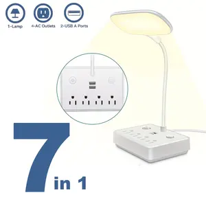 LED Desk Lamp, Desk Light with 2 USB Charging Port and 4 AC Power Outlet, 3 Lighting Modes, Adjustable Gooseneck, Eye-Caring Home Office Foldable Table Lamp