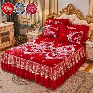 Floral Print Thickened Bed Skirt Set, 3 Counts/set Including 1 Bed Skirt & 2 Pillowcase without Filler, Warm and Soft Decorative Bedding Set for Bedroom