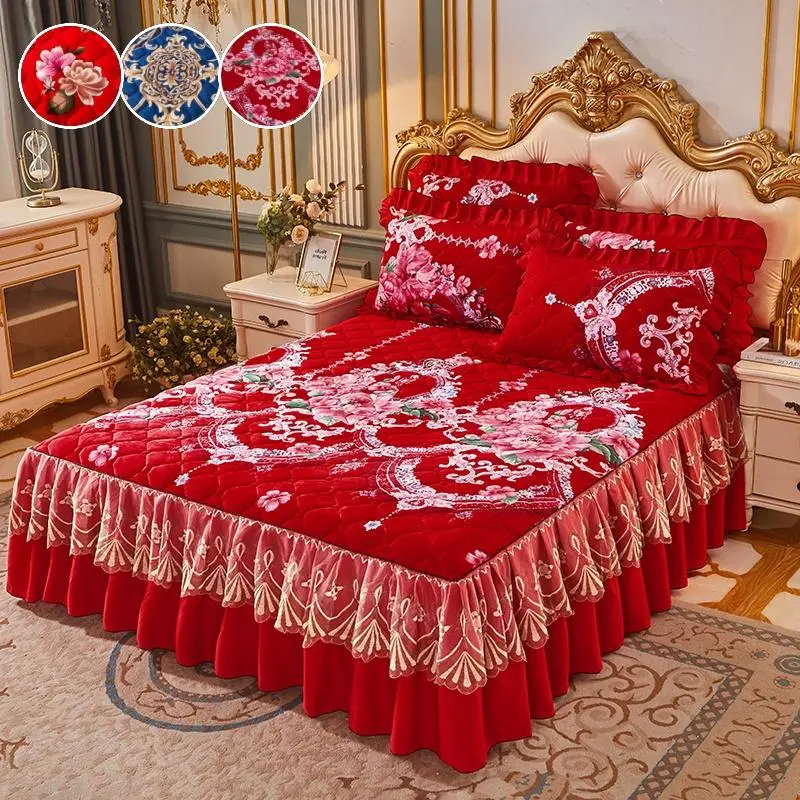 Floral Print Thickened Bedskirt Set, 3 Counts/set Including 1 Bed Skirt & 2 Pillowcase without Filler, Warm and Soft Decorative Bedding Set for Bedroom