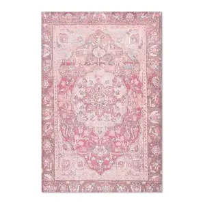 Vintage Pink Medallion Area Rug | Persian Style Accent Rug, Boho Floral Pattern