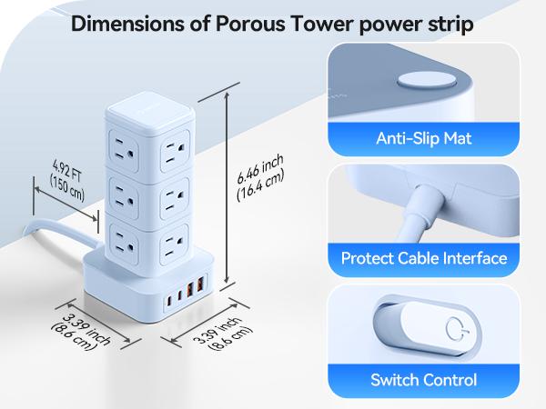 ORICO Power Strip Tower with Multiple Outlets, Tower Extension Cord with 12 AC Outlets 4 USB Ports (2 USB C), Space Saving Design, 5FT Cord Power Tower for Home, Office, Dorm - TPP20