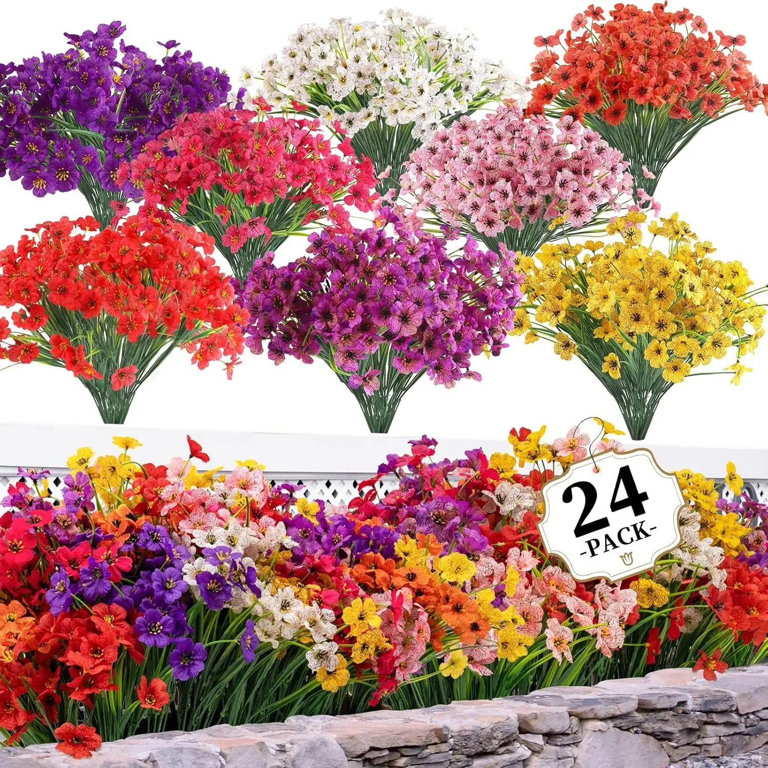 24 pieces of artificial flowers, suitable for both indoor and outdoor use, Decorative Flowers Bouquet, Artificial Bouquets, faux flower plants, used in indoor and outdoor gardens, porches, windowsills, homes, weddings, farmhouses (8 colors)