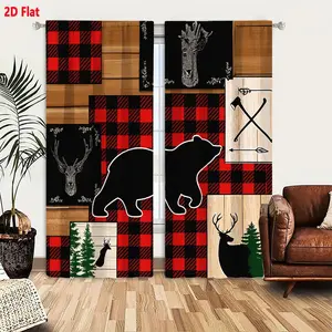 2D Flat Cabin-Inspired Blackout Curtains 2-Pack, Rustic Woodsy Design with Black Bear Silhouette, Deer Heads, Crossed Axes, Pine Trees & Red Black Plaid Pattern for Nature Lumberjack Theme Bedroom Decor
