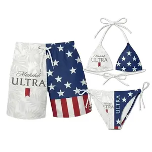 Ultra Beer American Flag Stars Stripes Bikini and Swim Trunks Matching Couple Set, Tropical Leaf Full Print String Halter Top Side Tie Bottom, Quick Dry Lightweight Beach Shorts, 4th of July Summer Pool Party Outfit, Gift for Men Women