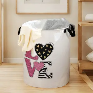 Valentine Stripe Letter Heart Print Fabric Laundry Basket with Handle, Durable Halloween Foldable Dirty Clothes Storage Basket, Large Capacity Toy Box, Laundry Hamper