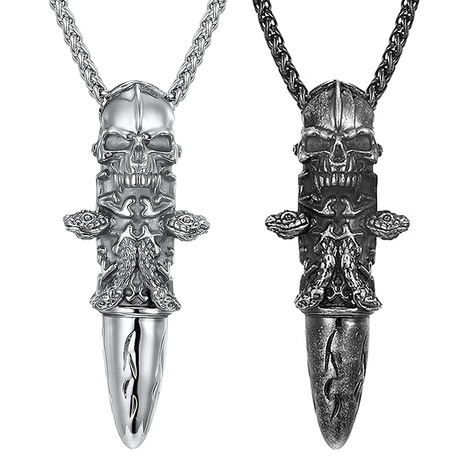 OIDEA Men's Gothic Punk Necklace with Snake Wrap Skull Bullet Pendant, Fade-Proof Stainless Steel Long Dark Finish Biker Chain