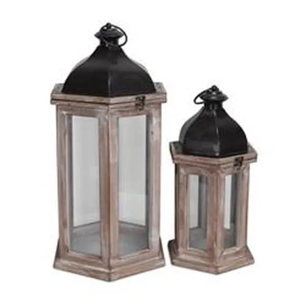 Cheungs 5278-2 Wooden Hexagonal Candle Holder Set (Large/Small, 2-Piece) - 12.5 in Wide, 12.5 in Deep, Traditional Indoor Room Decor Lantern with Black Metal Top, Artificial Tea Light Candleholder, Synthetic Accents, 12.5 Inches Deep