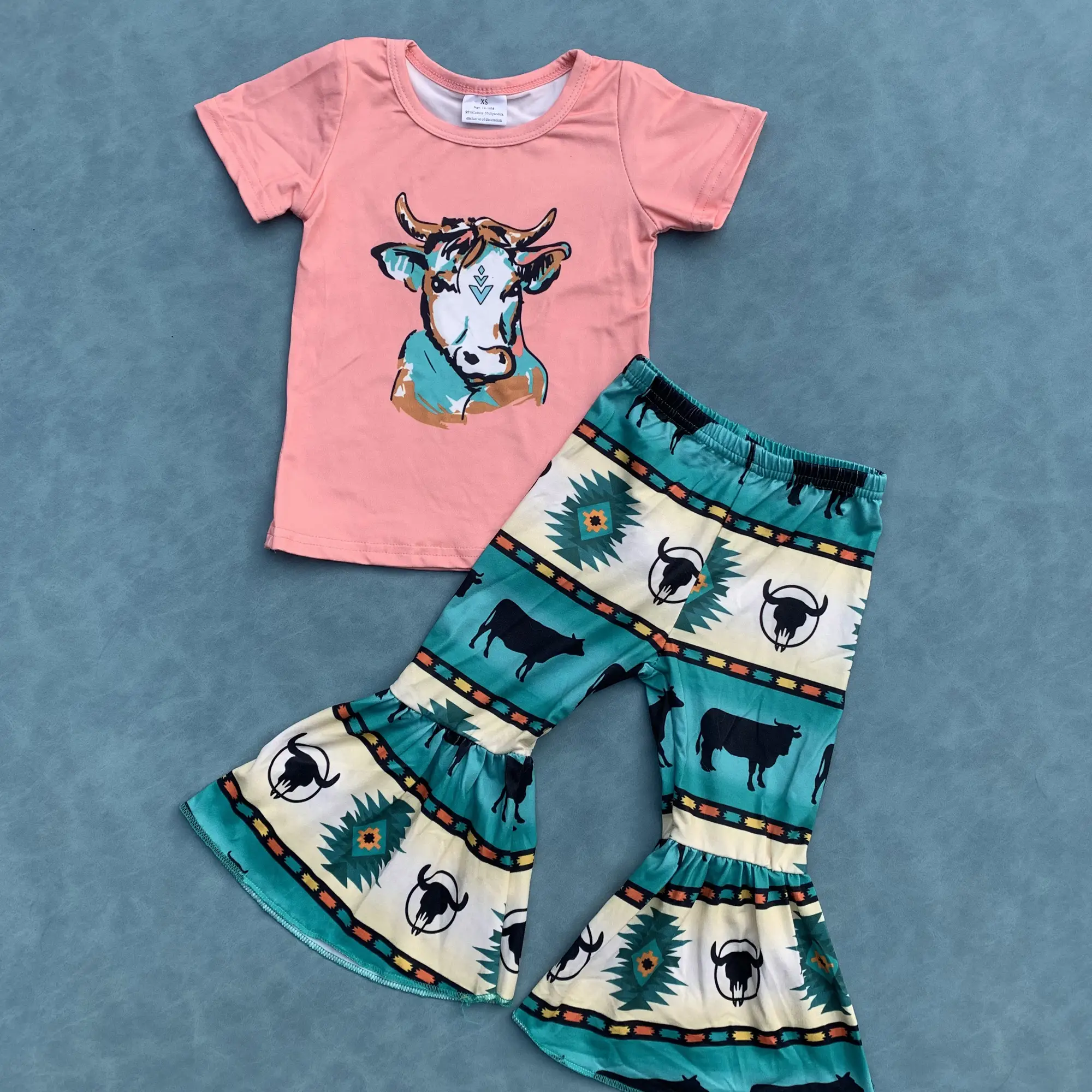 Cow print girls western bell bottoms set