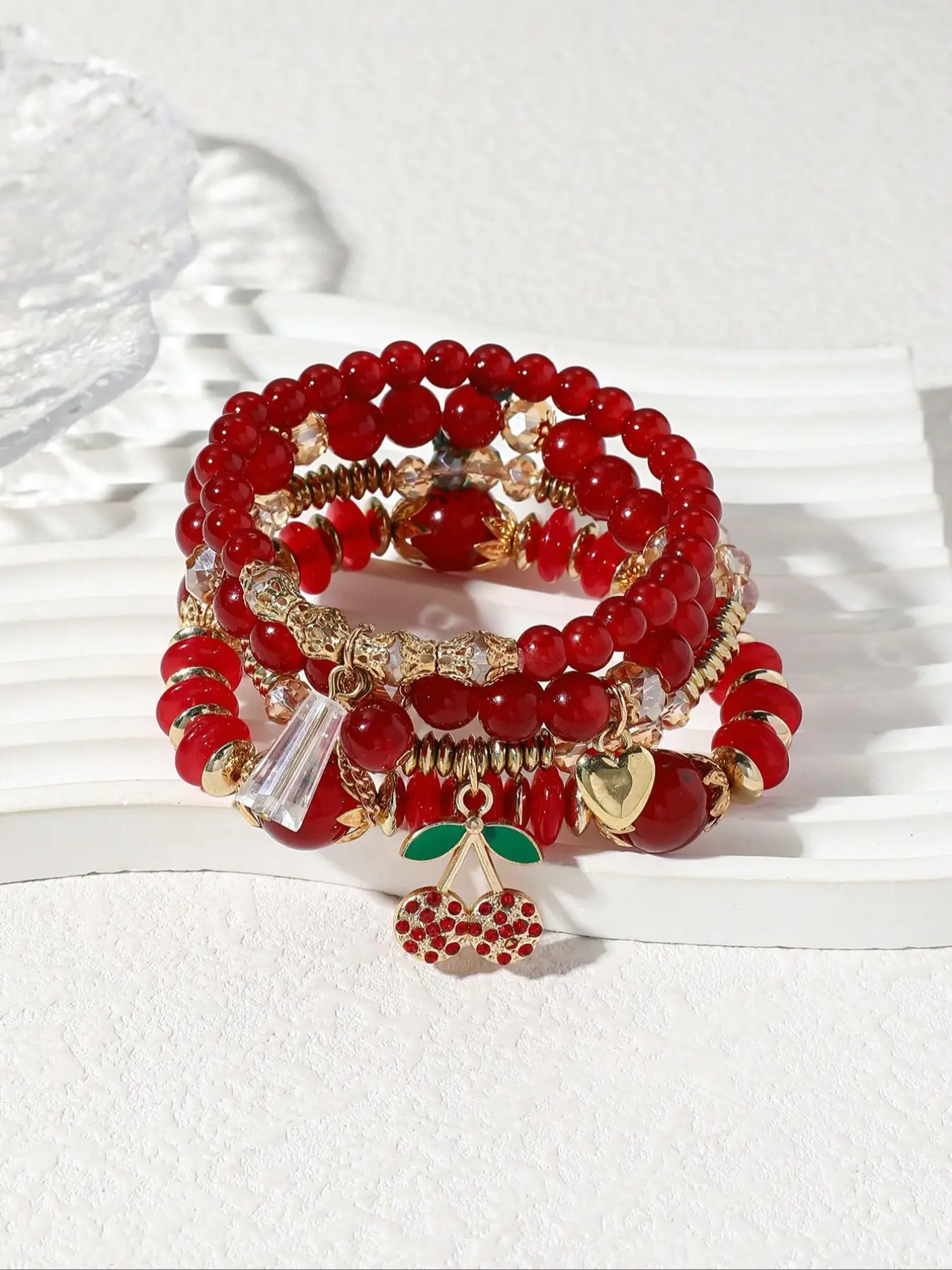 4 Pcs Fashion Versatile Red  Bead & Cherry Drop Oil Pendant Bracelet Set, Suitable For Women's Everyday And Vacation Outfits, Suitable For Daily Wear, Gift For Friends, Family, Couples, Birthday And Christmas Festival