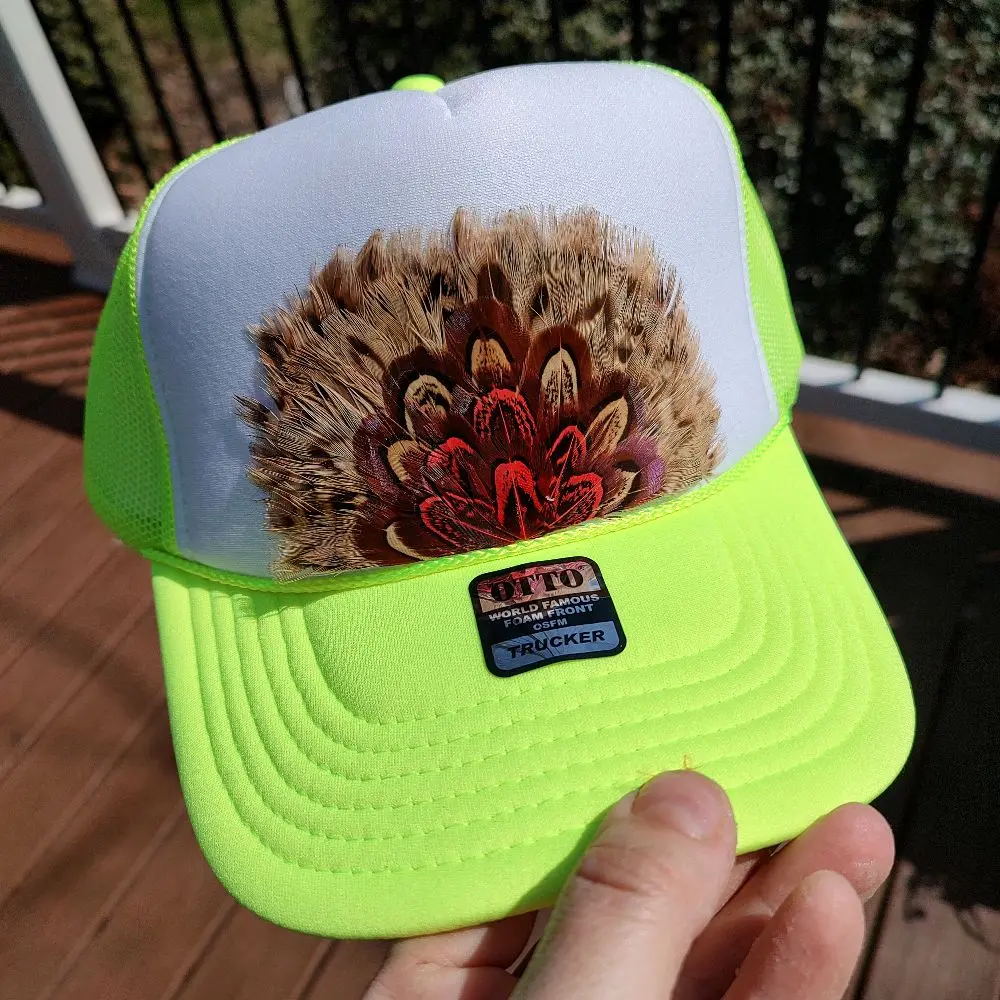 neon green red feathers