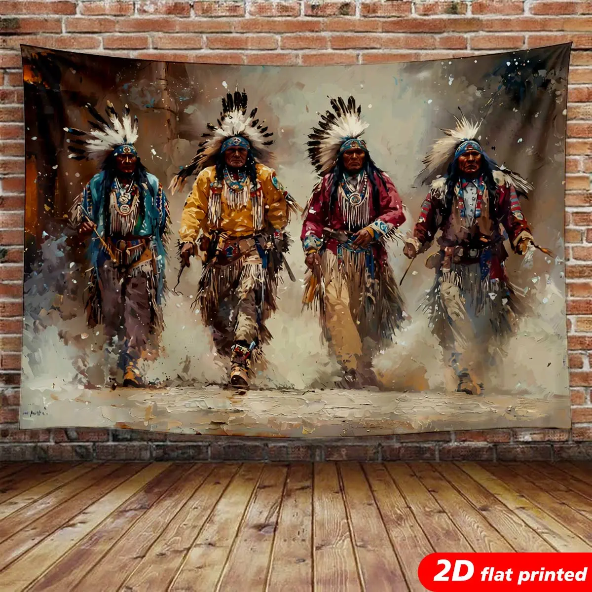 2D Flat-Printed Polyester Native American Artwork Print Tapestry Wall Hanging - Indian Warrior Oil Painting Design, Home Decor for Living Room, Ideal Gift, Studio Prop & Post Ideas, Artwork Print Tapestries