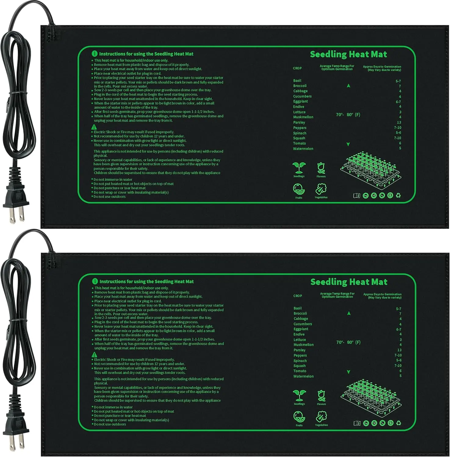 Seedling Heat Mat for Seed Starting,10" x 20.75"  Heating Pad for Indoor  Germination (Black 2 Pack)