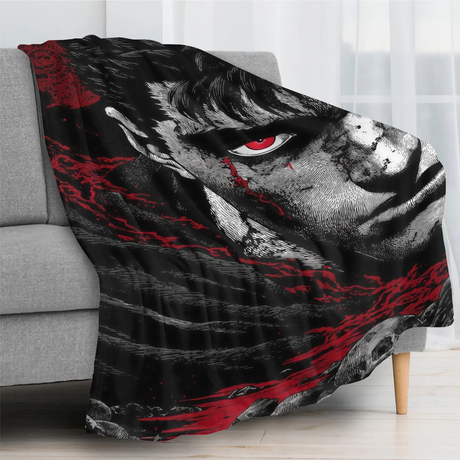 Berserk Guts Red Eye Manga Print Flannel Blanket, Dark Fantasy Anime Throw Blanket Soft Warm Lightweight, Home Decor Sofa Bed Couch Blanket, Otaku Fan Gift