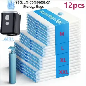 12pcs Vacuum Compression Bags with Manual Pump, Travel Clothes Organizer, Reusable Space-Saving Bag, Durable Plastic, Airtight Seal, Storage Solution