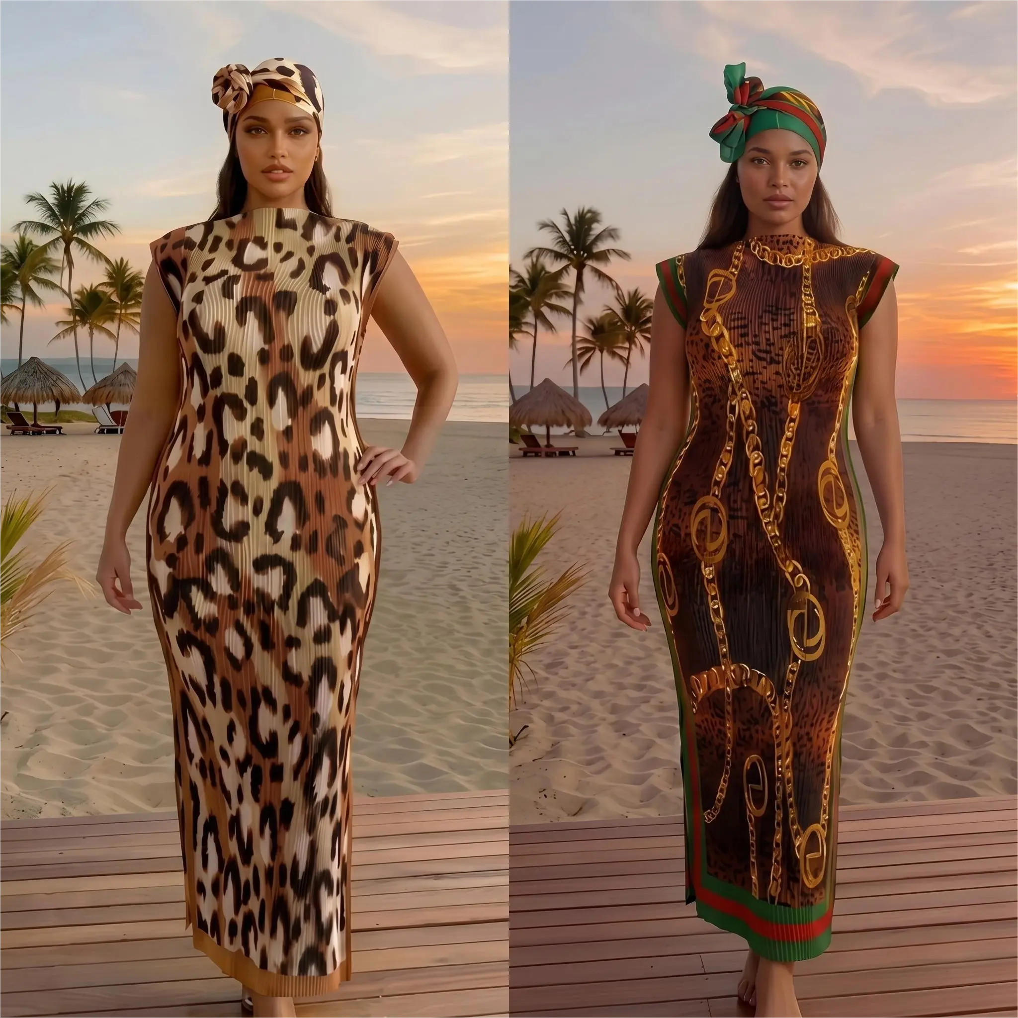 Women's Boho Style Outfit 2-Piece Cover Up Set - Vivid Cheetah Print Pleated Robe & Scarf, Relaxed Fit Sun-Protective Beachwear with Ease of Movement, Polyester Fits, Sun Protection, All Seasons, Holiday, Matching Hair Band, Versatile Set, Year-Round Usab