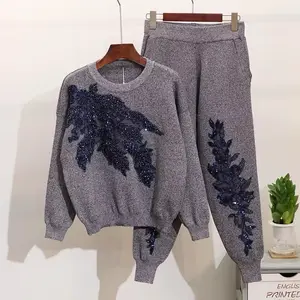 Casual Women Knitting Sweater Clothing Long Trousers With Phoenix Sequin Matching Set Fall Winter Women Fashion Two Pieces Set See product