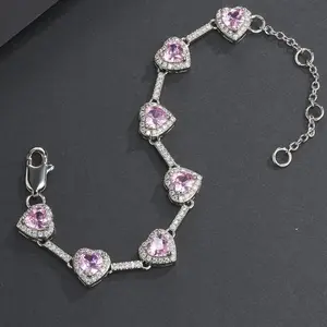 Pink Heart Shaped Zircon Decor Bracelet, Fashionable Jewelry for Women & Men, Trendy All-match & Exquisite Jewelry for Birthday Gift, Heart Design Bracelet, Fashion Bracelets