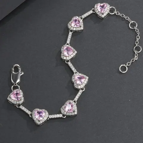 Pink Heart Shaped Zircon Decor Bracelet, Fashionable Jewelry for Women & Men, Trendy All-match & Exquisite Jewelry for Birthday Gift, Heart Design Bracelet, Fashion Bracelets, Heart Charm Bracelet, Beautiful Bracelets, Valentines Bracelets